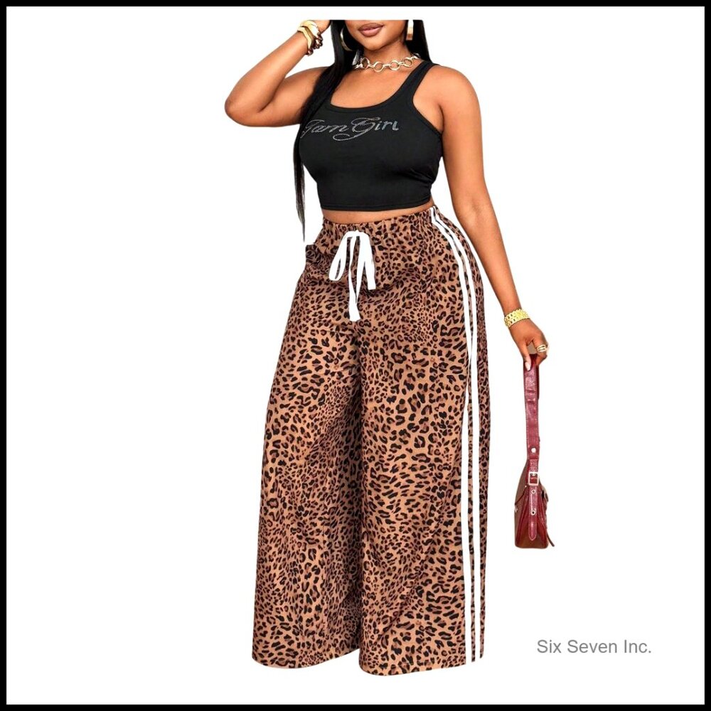 Plus Size Wide Leg Pants With Tie Front And Elastic Waist